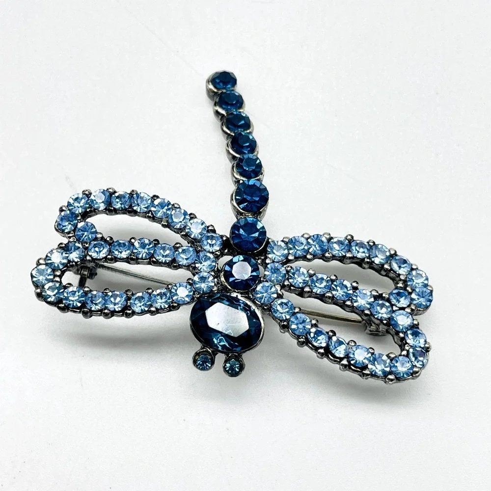 Blue Rhinestone Dragonfly Brooch Silver Tone Insect Pin Bug - Picture 3 of 6